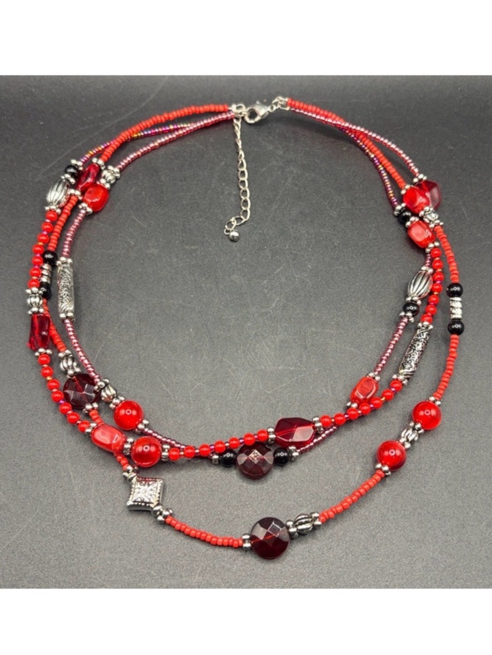 Triple Strand Red Silver Black Beaded Necklace, Goth Boho Vamp Jewelry Acessory